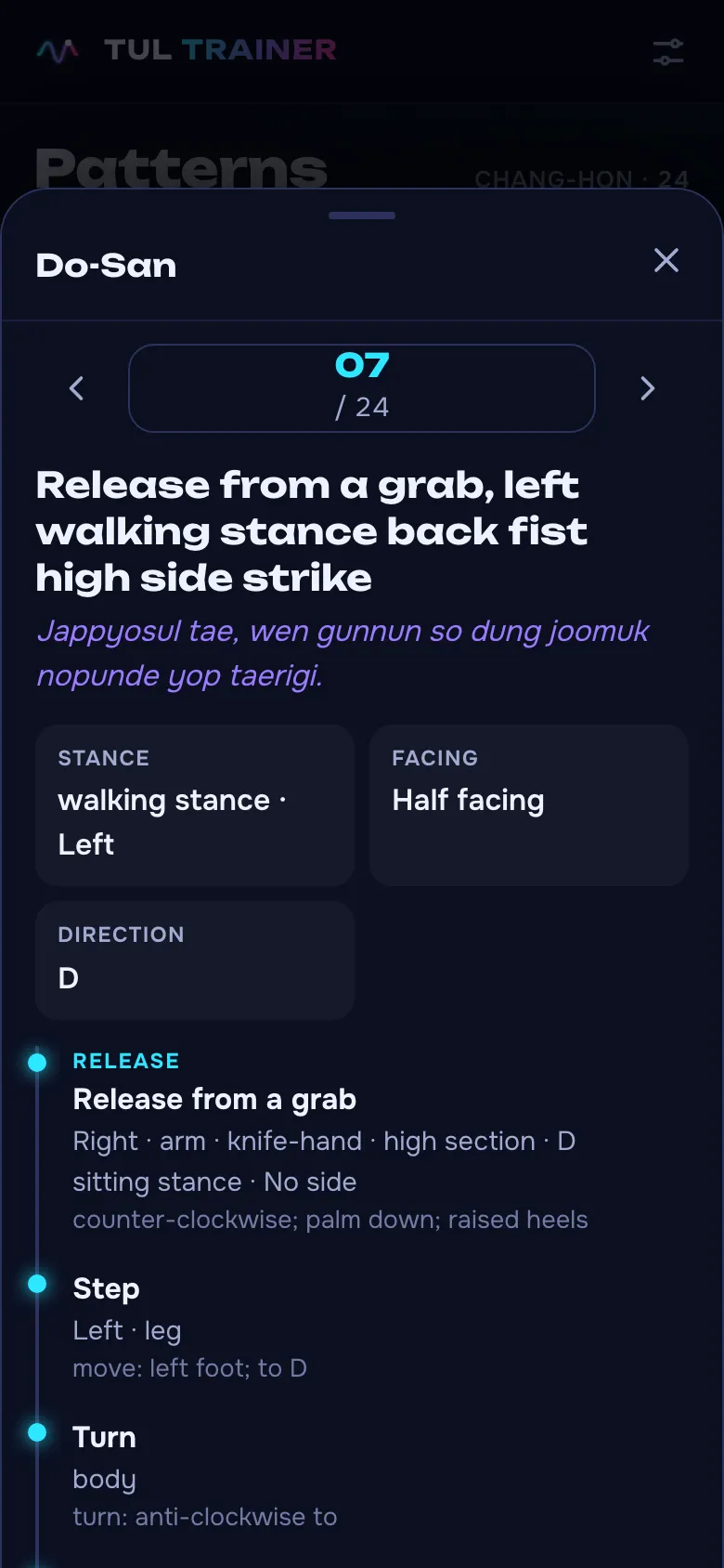 Technical script of a movement: stance, facing, direction and the sequence of actions