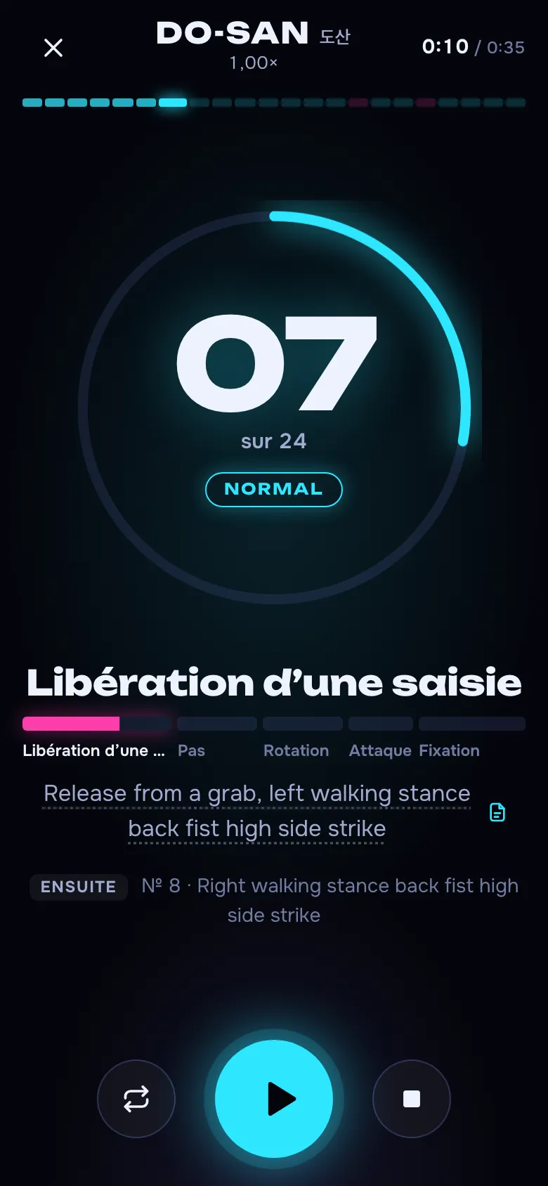 Écran d’exécution : numéro du mouvement, phase, échelle des phases, technique et mouvement suivant