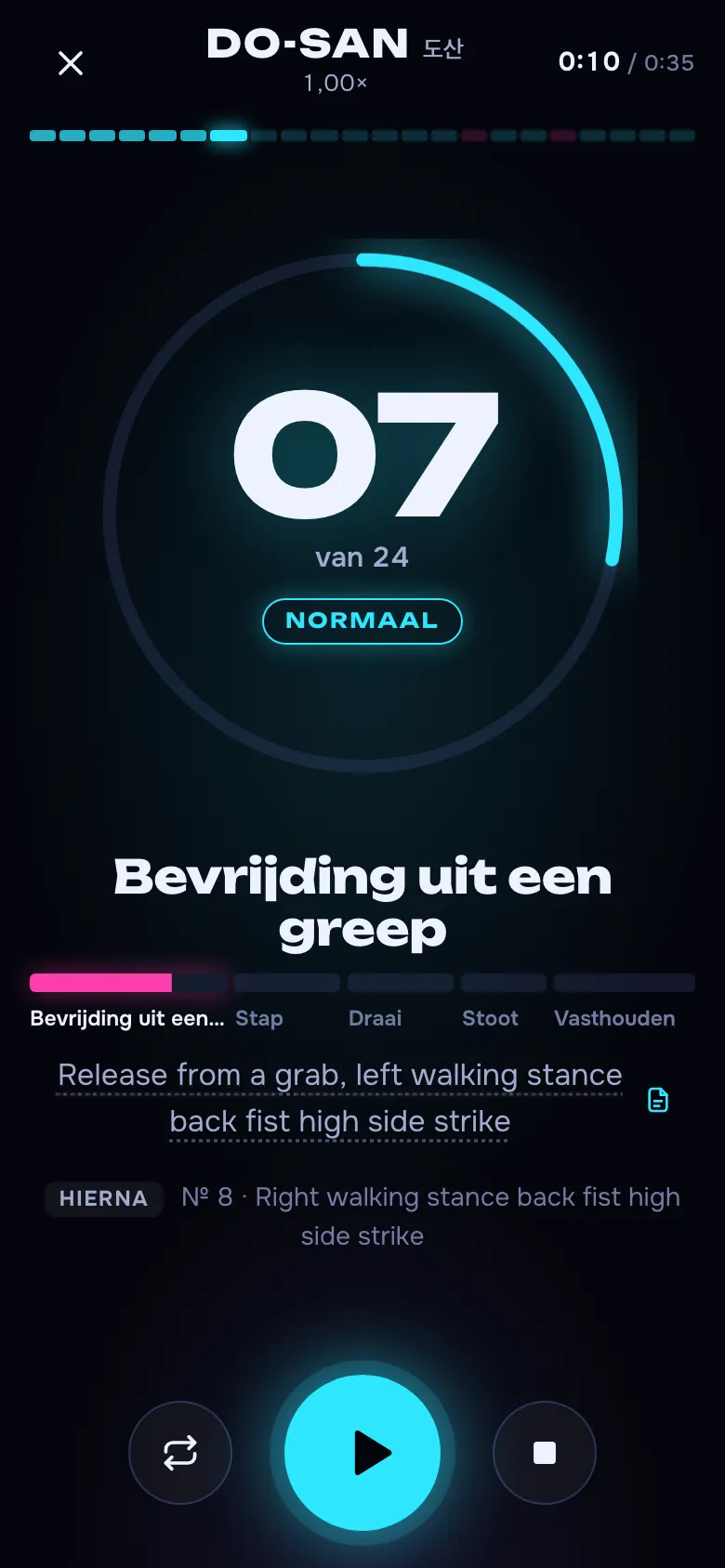 Uitvoeringsscherm: bewegingsnummer, fase, fasenschaal, techniek en volgende beweging